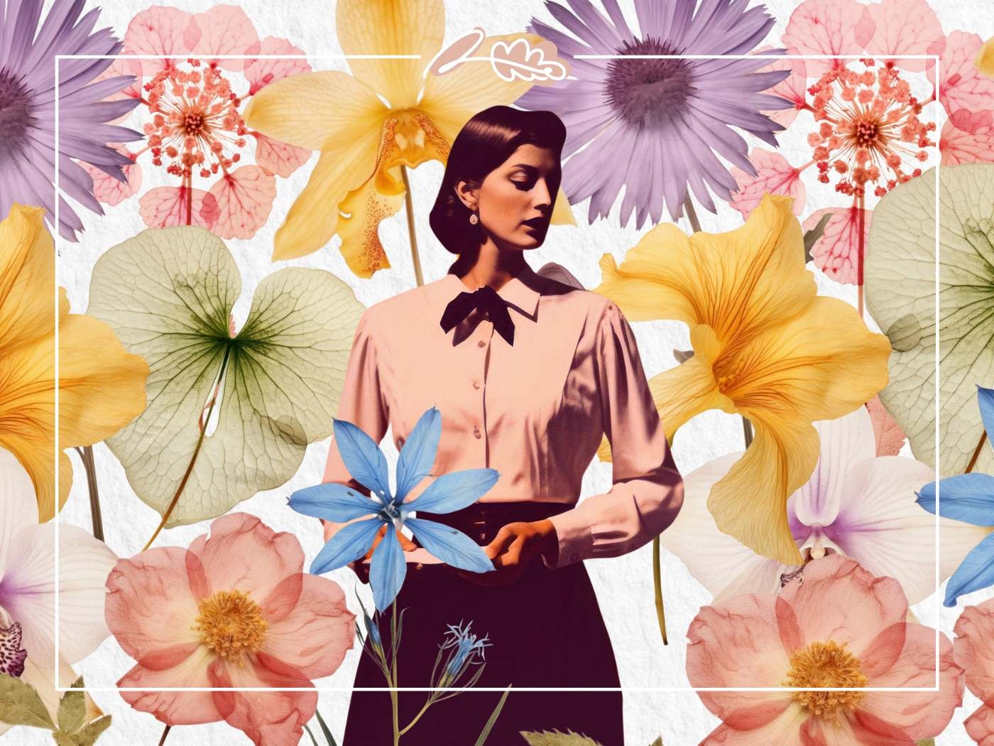 Floral Collage: A woman surrounded by colourful, illustrated flowers in a dreamlike scene, featured in the blog 'Flower Fragrance and Love Quotes'.