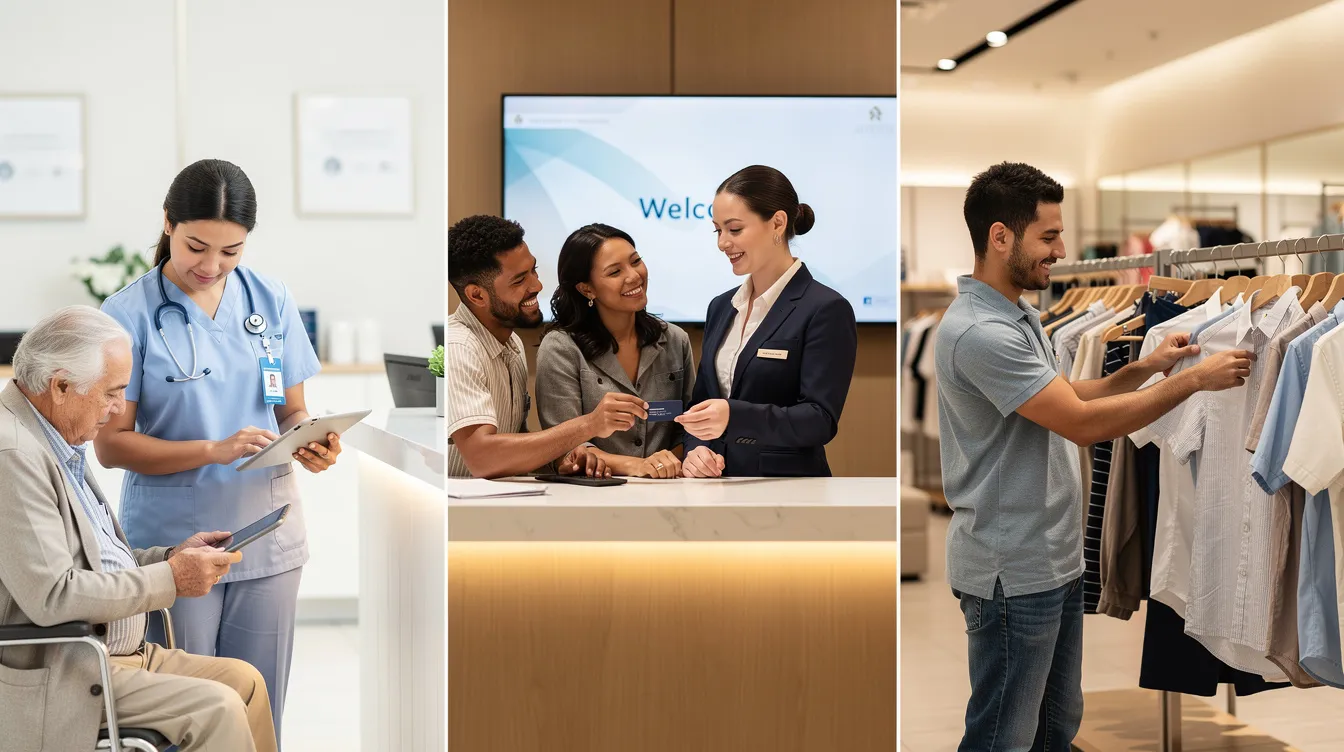 The image depicts a diverse group of workers, including a nurse, a hotel receptionist, and a retail associate, all actively assisting customers and engaging in customer interactions. This scene highlights the importance of strong communication skills and problem-solving abilities in the consumer services industry, showcasing various consumer services careers that prioritize customer satisfaction.