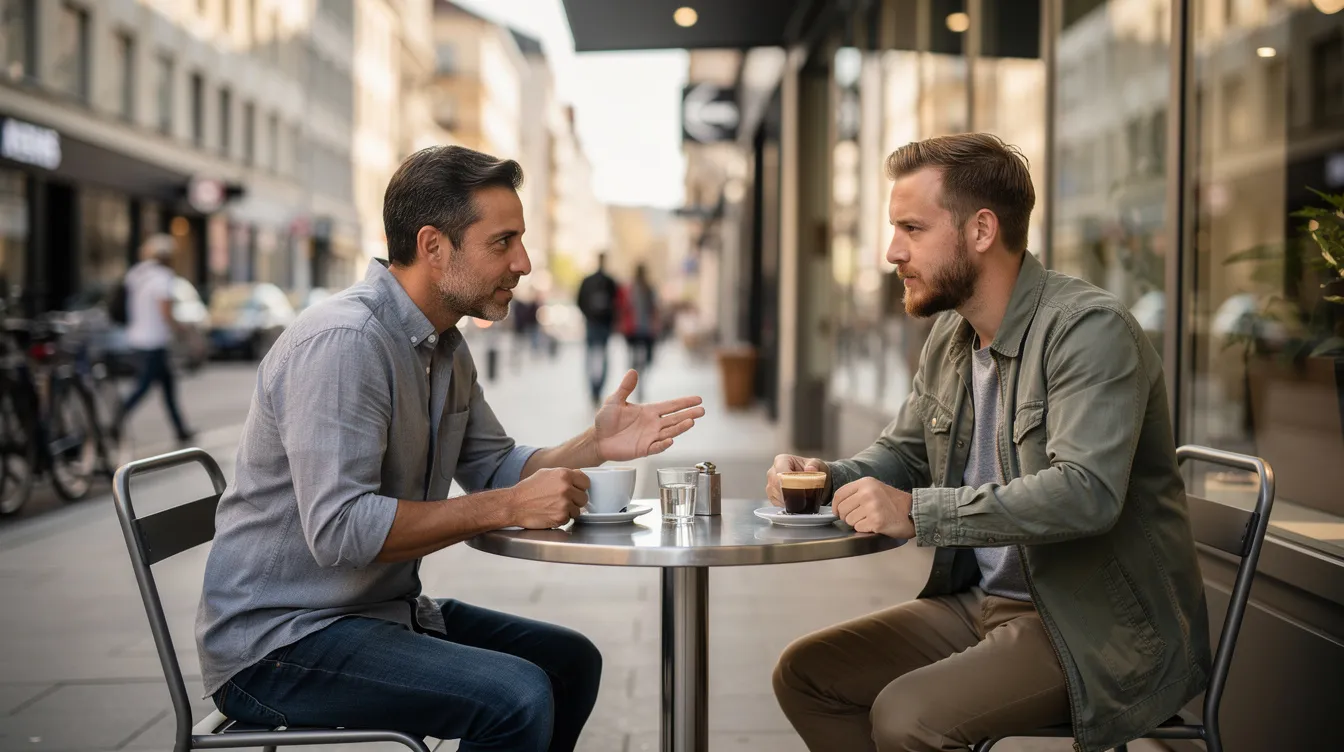 Two men are sitting at a small café table outdoors in an urban setting, enjoying coffee and engaging in conversation, which may reflect themes of personal growth and emotional support often found in group therapy sessions. The scene captures a moment of connection, highlighting the importance of healthy relationships and mutual respect in a supportive environment.