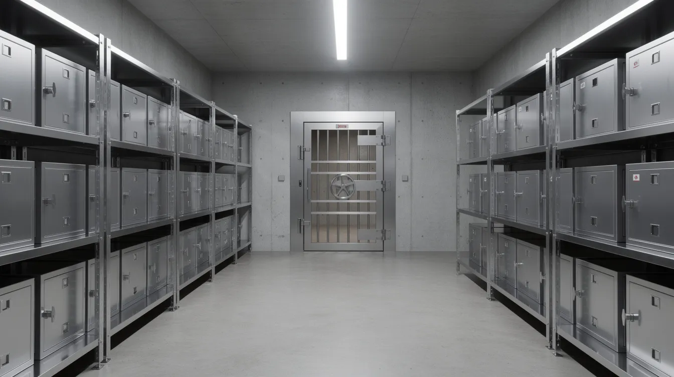 The image depicts the interior of a secure vault featuring metal storage shelving illuminated by bright lighting, designed for the safe storage of precious metals like gold and silver. This environment emphasizes the importance of secure storage for retirement savings and precious metals IRA accounts.