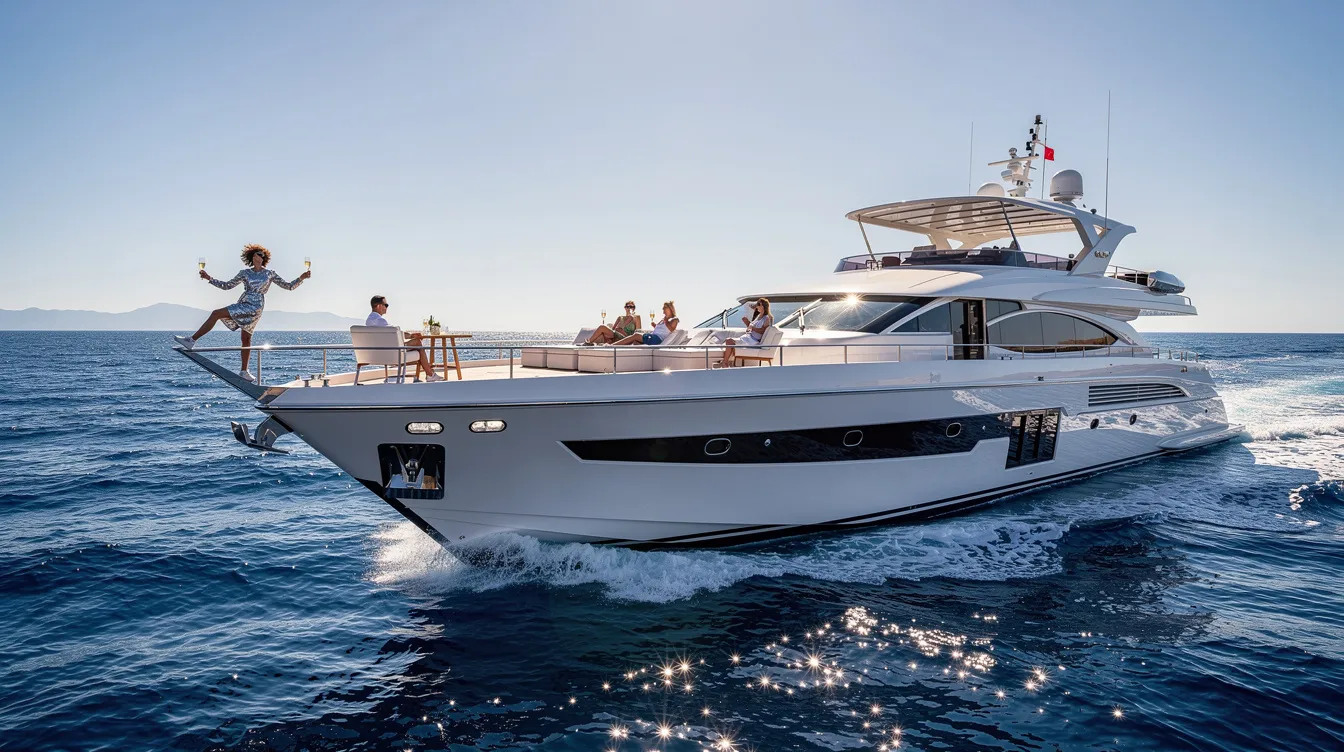 Eine luxuriöse weiße Yacht gleitet über das tiefblaue Meer unter strahlender Sonne, ein Symbol für Reichtum und Übermut, das an die extravaganten Lebensstile von Börsenmaklern wie Jordan Belfort erinnert, bekannt aus "The Wolf of Wall Street". Die Szene vermittelt ein Gefühl von Exzess und Erfolg in einer Welt voller Gier und Traumverwirklichung.