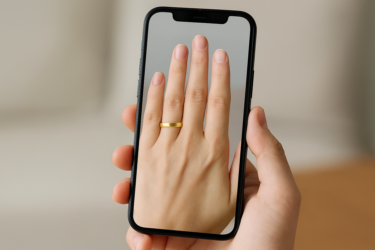 Virtualaus pasimatavimo AR demonstracija telefone – auksinis vestuvinis žiedas realiu masteliu matomas ant kliento piršto