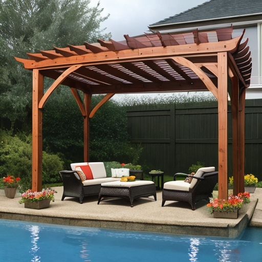 Existing pergola in backyard with canopy above offers very nice shelter in a rain shower.