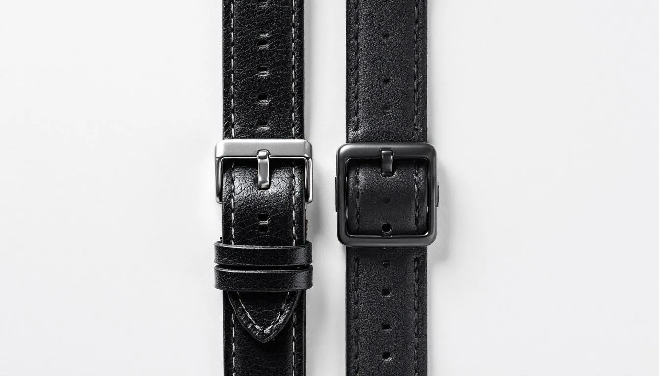 The image displays a comparison of various black leather watch straps, showcasing options like genuine calf leather and full grain leather. Each strap exemplifies stylish durability and comfort, making them ideal choices for enhancing your favorite watch.