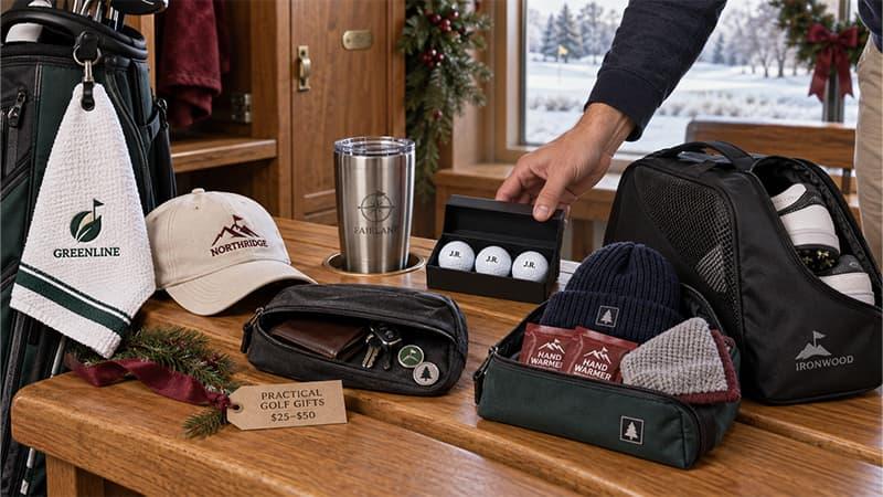 Practical golf gifts from $25 to $50 including a personalized towel, cap, insulated tumbler, valuables pouch, shoe bag, golf balls, and winter golf kit