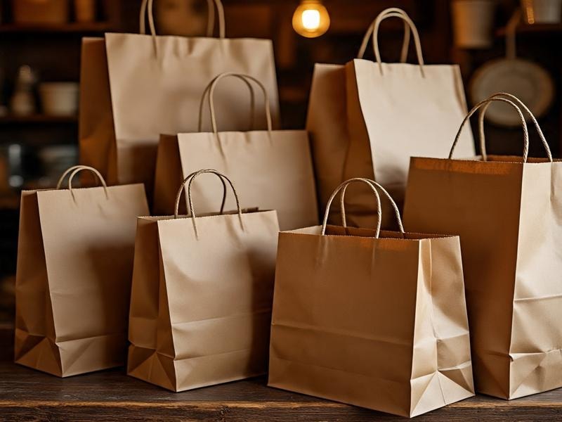 An image showing eco-friendly brown paper bags with handles placed on a wooden table, used for recyclable and reusable packaging.