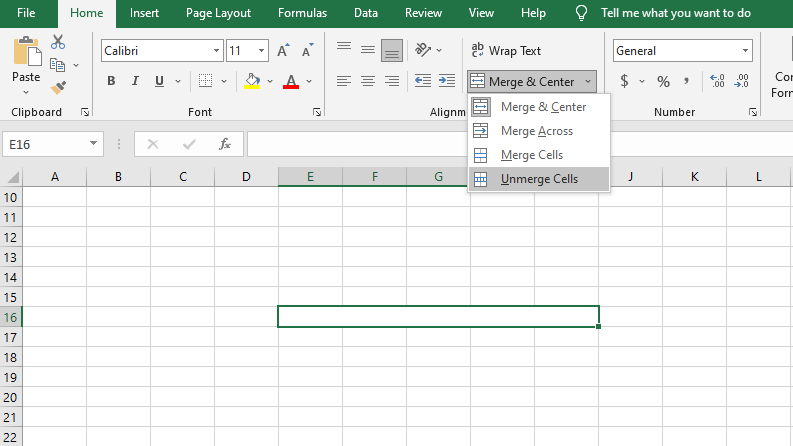 After selecting the merged cell, go to the Home Tab select Merge and Center, and lastly click Unmerge Cell.