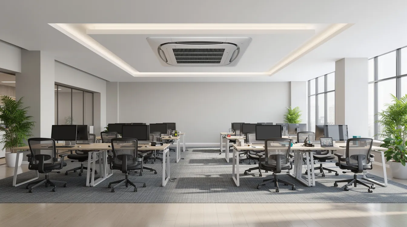 The image depicts a spacious office featuring a ceiling-mounted cassette air conditioner, ideal for providing efficient cooling and heating throughout the room. The unit, likely a 24,000 BTU model, blends seamlessly into the ceiling, enhancing the indoor environment while ensuring comfort for occupants.