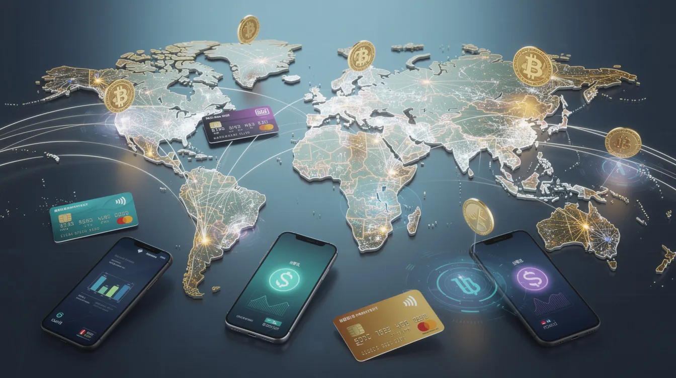 The image features a global map overlaid with symbols of credit cards, smartphones, and digital coins, illustrating the concept of international digital payments. This visual representation highlights the integration of crypto payments and traditional payment systems in a connected world.