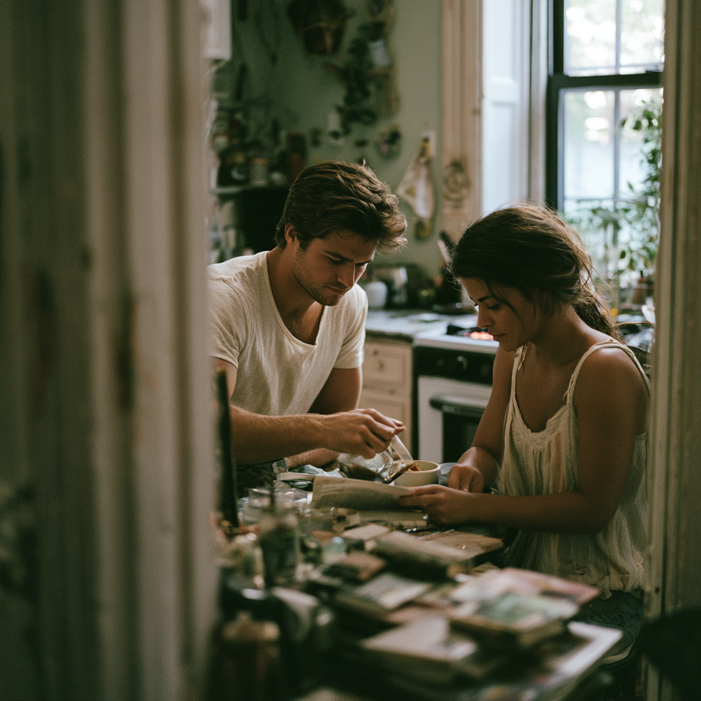 One partner refills the other's coffee at a Brooklyn kitchen table, a small wordless act of care.