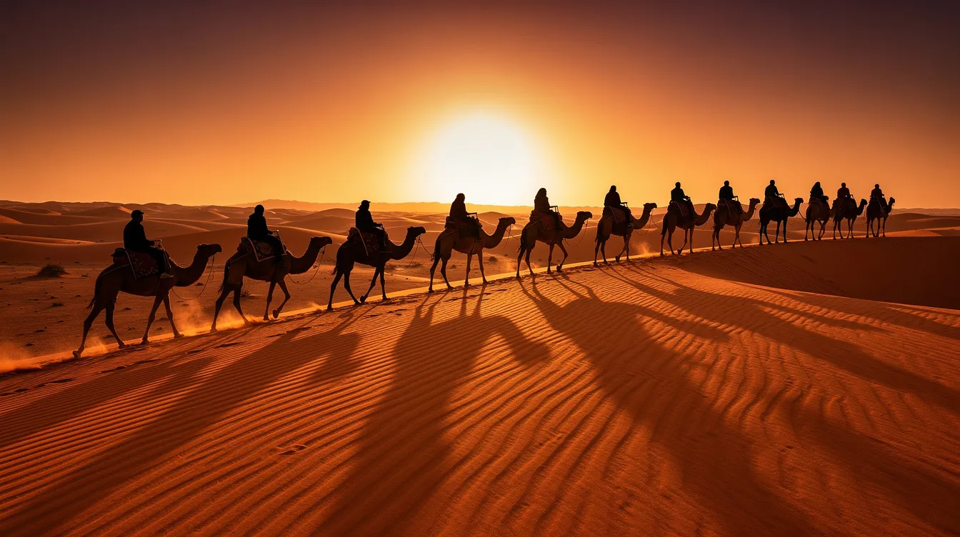 A caravan of camels traverses the orange sand dunes of the Sahara Desert at sunset, with riders silhouetted against the vibrant sky, creating a picturesque scene that captures the essence of a Morocco road trip itinerary. This stunning image evokes the allure of a desert tour, perfect for those planning a trip to Morocco.