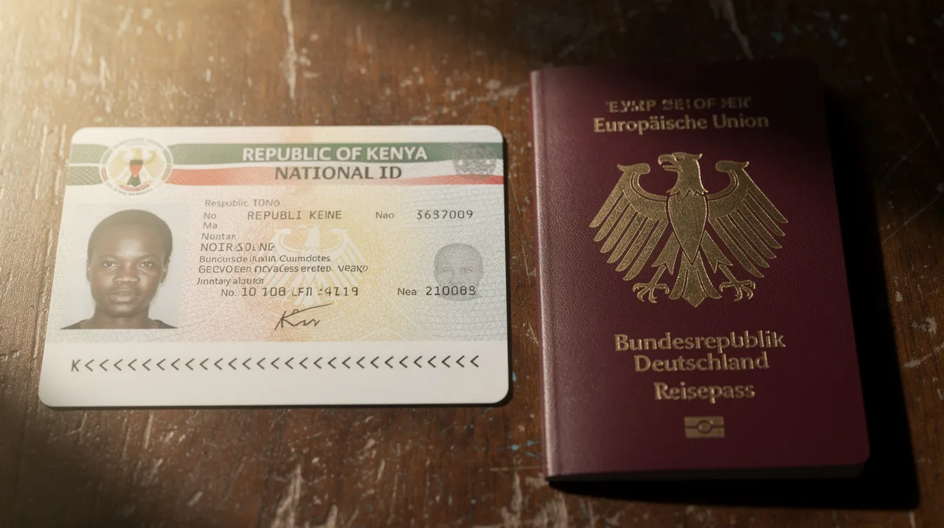 The image features a Kenyan national ID card and a German passport displayed side by side on a wooden table, highlighting the importance of identification when sending money from Germany to Kenya through various payment methods like mobile money or bank transfer.