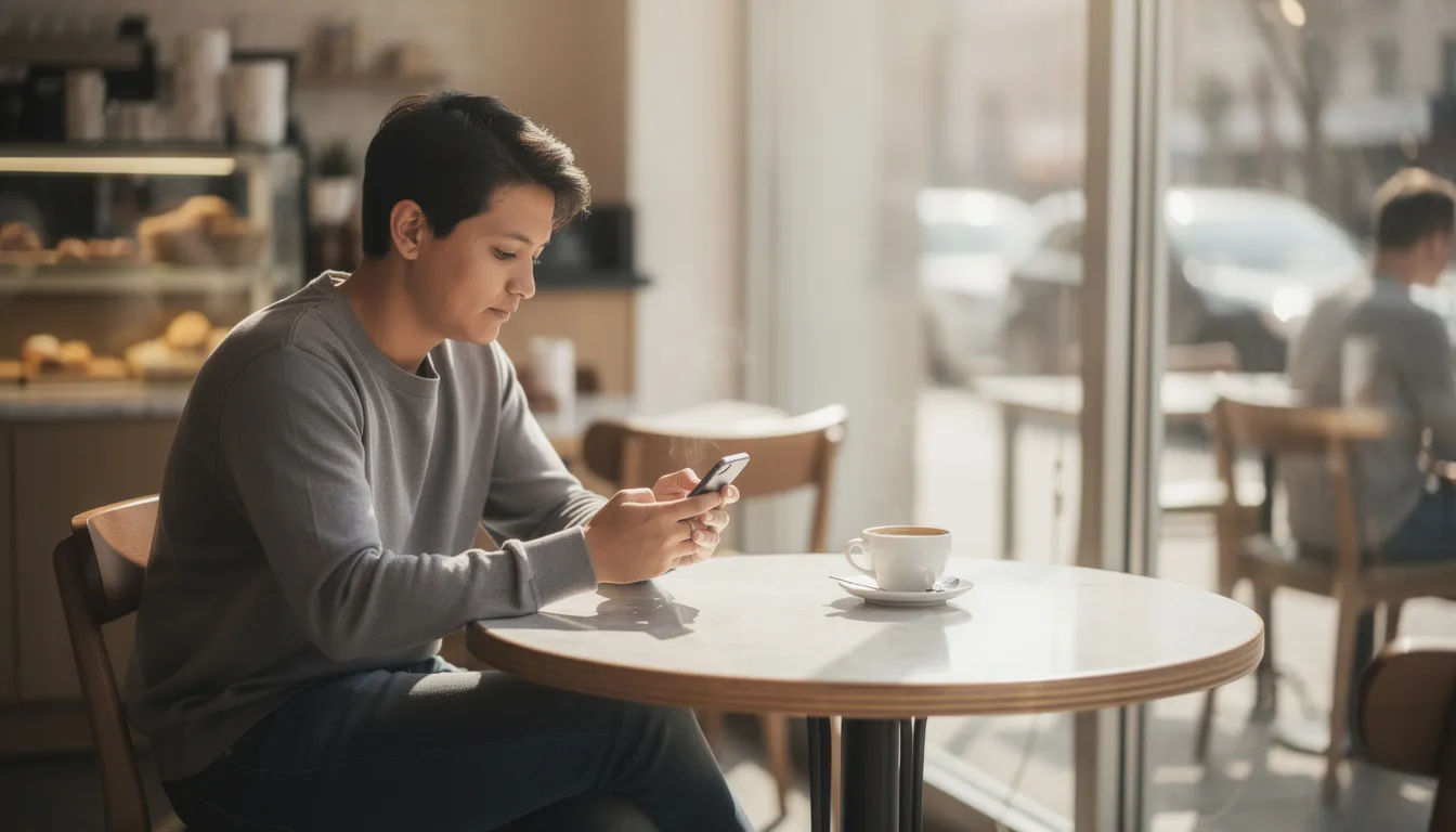 A person is sitting at a cafe table, focused on their smartphone while a steaming coffee cup sits nearby, illustrating a casual moment that could involve managing their Revolut for banking services or making payments. The scene captures the essence of modern personal finance, where users can easily transfer money or check exchange rates using the Revolut app.