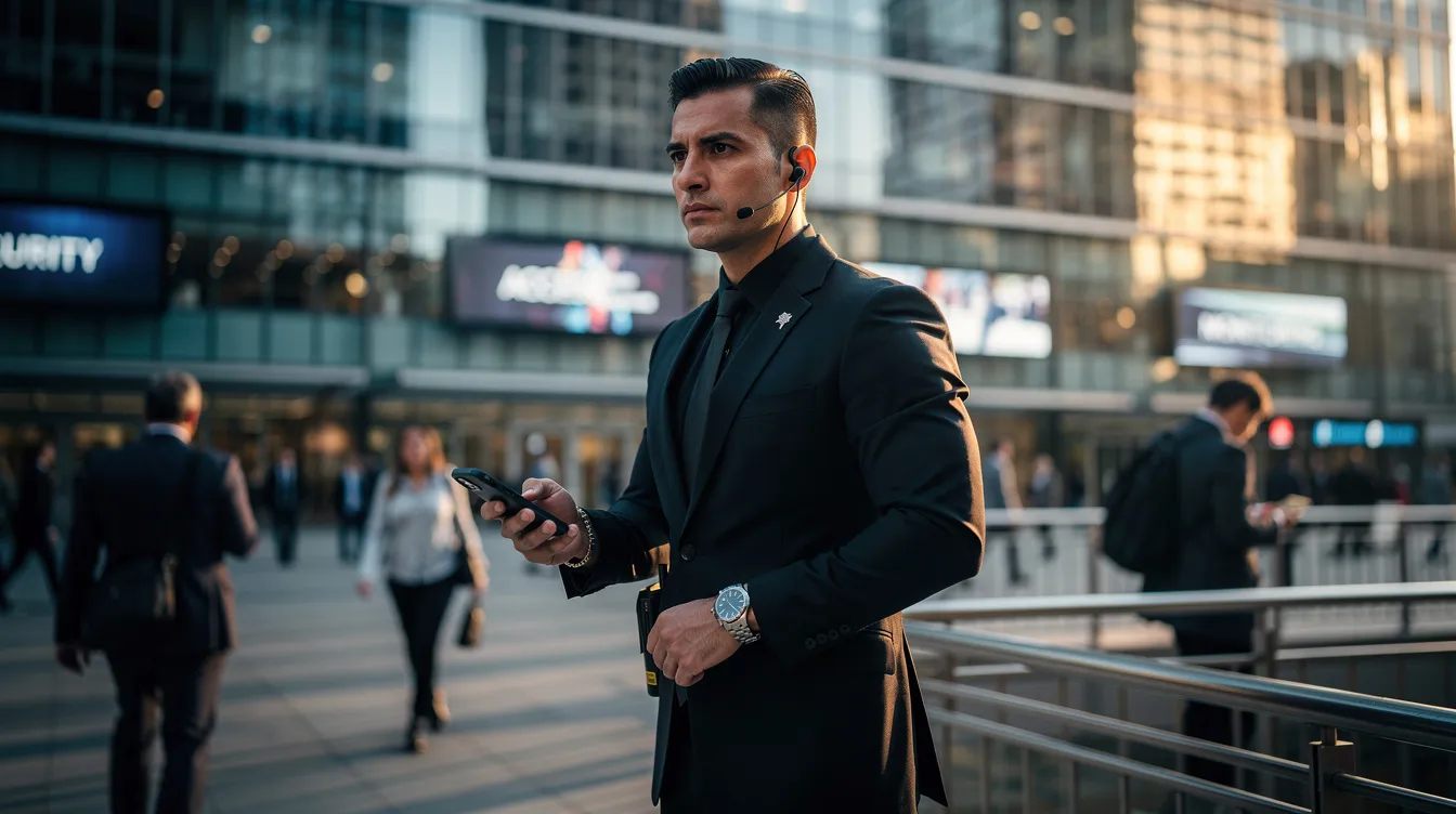 A professional close protection operative in business attire is scanning a busy urban environment, demonstrating the vigilance and expertise essential for personal security. This security officer is equipped to assess potential threats and ensure the safety of high-profile clients in a fast-paced setting.
