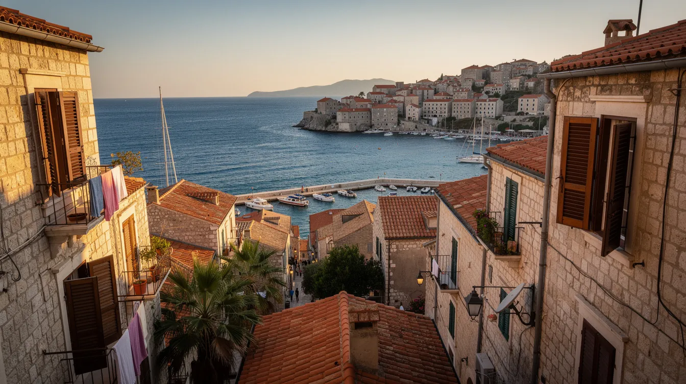 Une vue panoramique d'une ville côtière méditerranéenne, avec ses bâtiments en pierre colorés se dressant le long de la mer bleue. Cet endroit est une destination prisée pour les étudiants souhaitant étudier à Malte, offrant une expérience unique sous le soleil.
