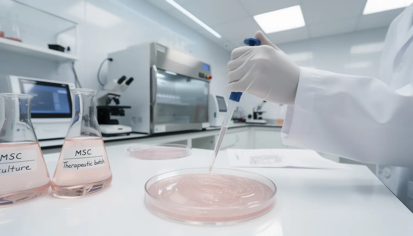 The image depicts a laboratory setting where mesenchymal stem cells are being prepared for therapeutic treatment, highlighting the process of adult stem cell research. Various lab equipment and sterile containers are visible, emphasizing the meticulous environment necessary for stem cell therapy and regenerative medicine.