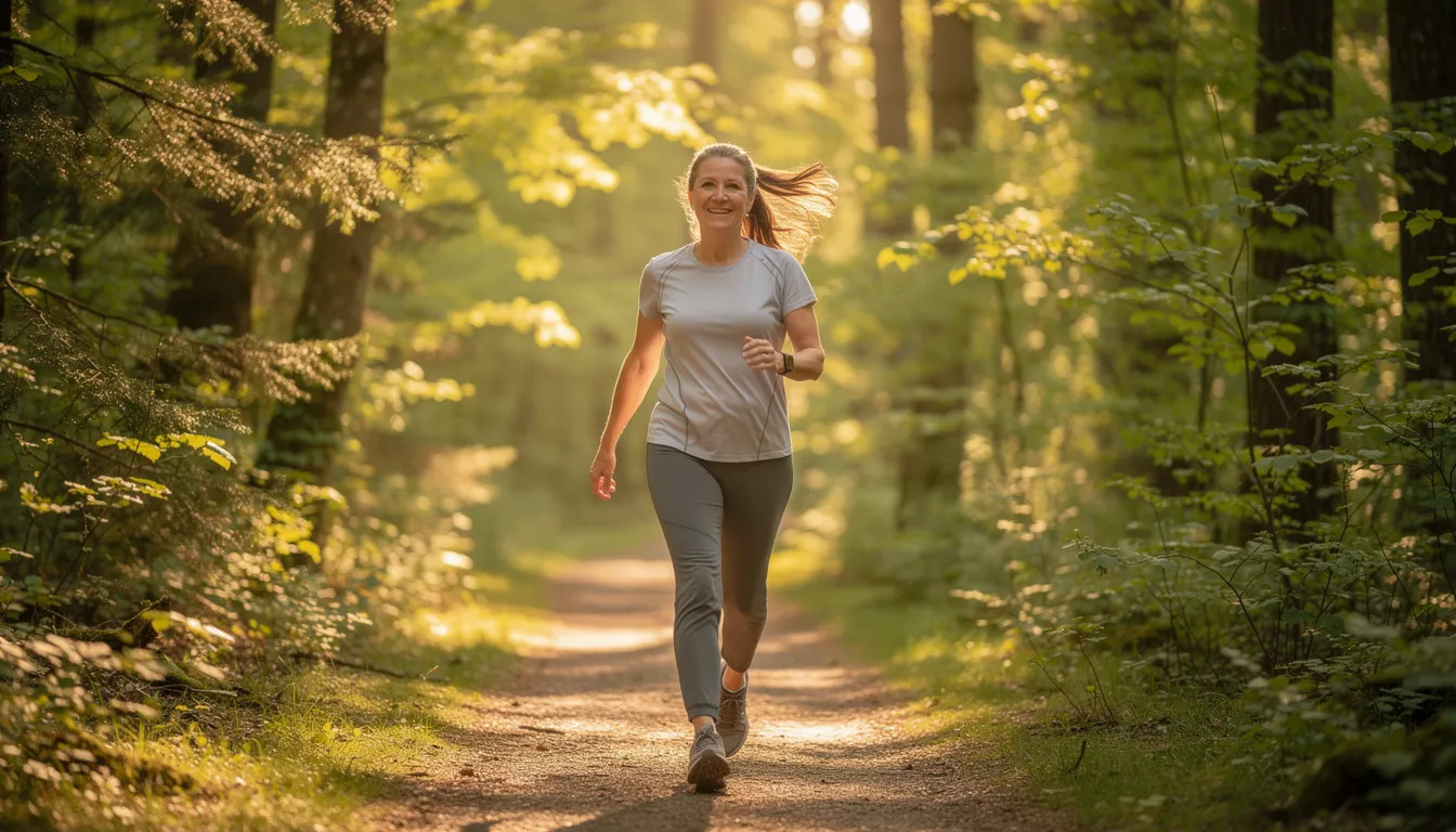 A middle-aged woman strolls through a sunlit forest path, appearing healthy and energetic, embodying vitality and well-being. This image reflects the benefits of a balanced lifestyle, which can help manage menopause symptoms and support hormonal balance for postmenopausal women.