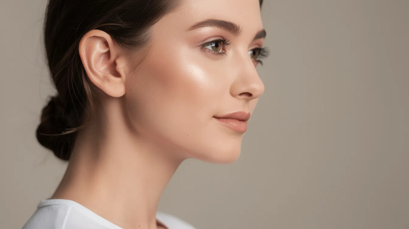 A side view portrait of a woman with natural facial contours and a relaxed expression, showcasing her upper eyelids and the absence of excess skin, indicative of the results from upper blepharoplasty surgery. The image reflects a refreshed and youthful appearance, highlighting the transformation achieved through eyelid surgery.