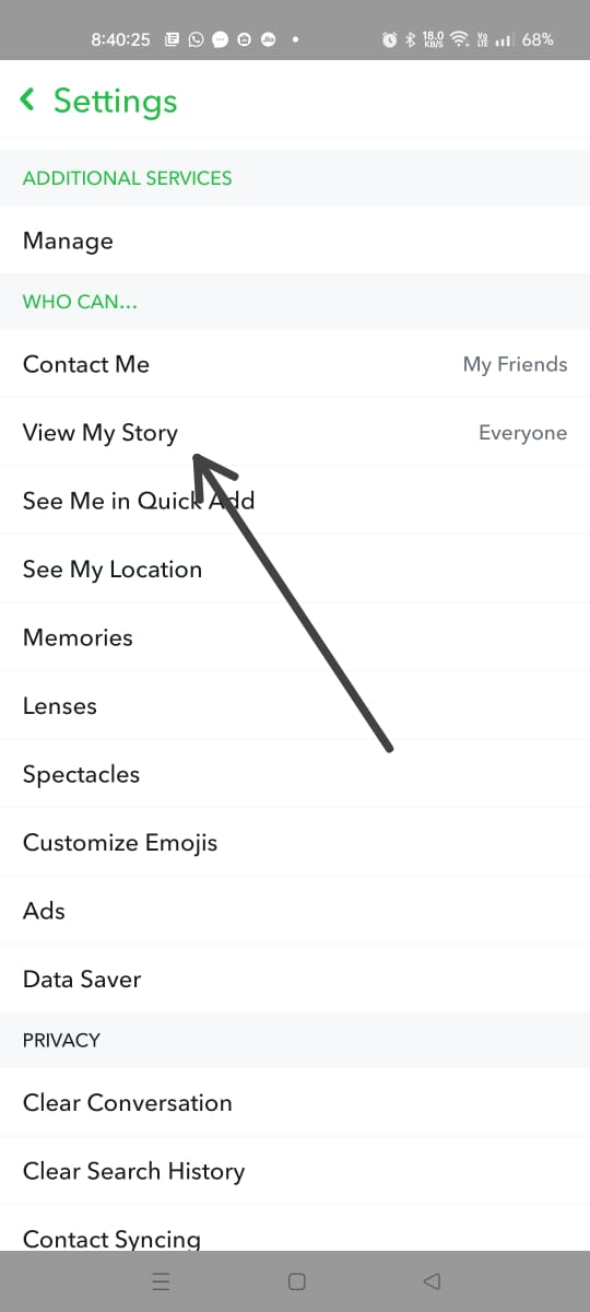 Settings option panel on snapchat