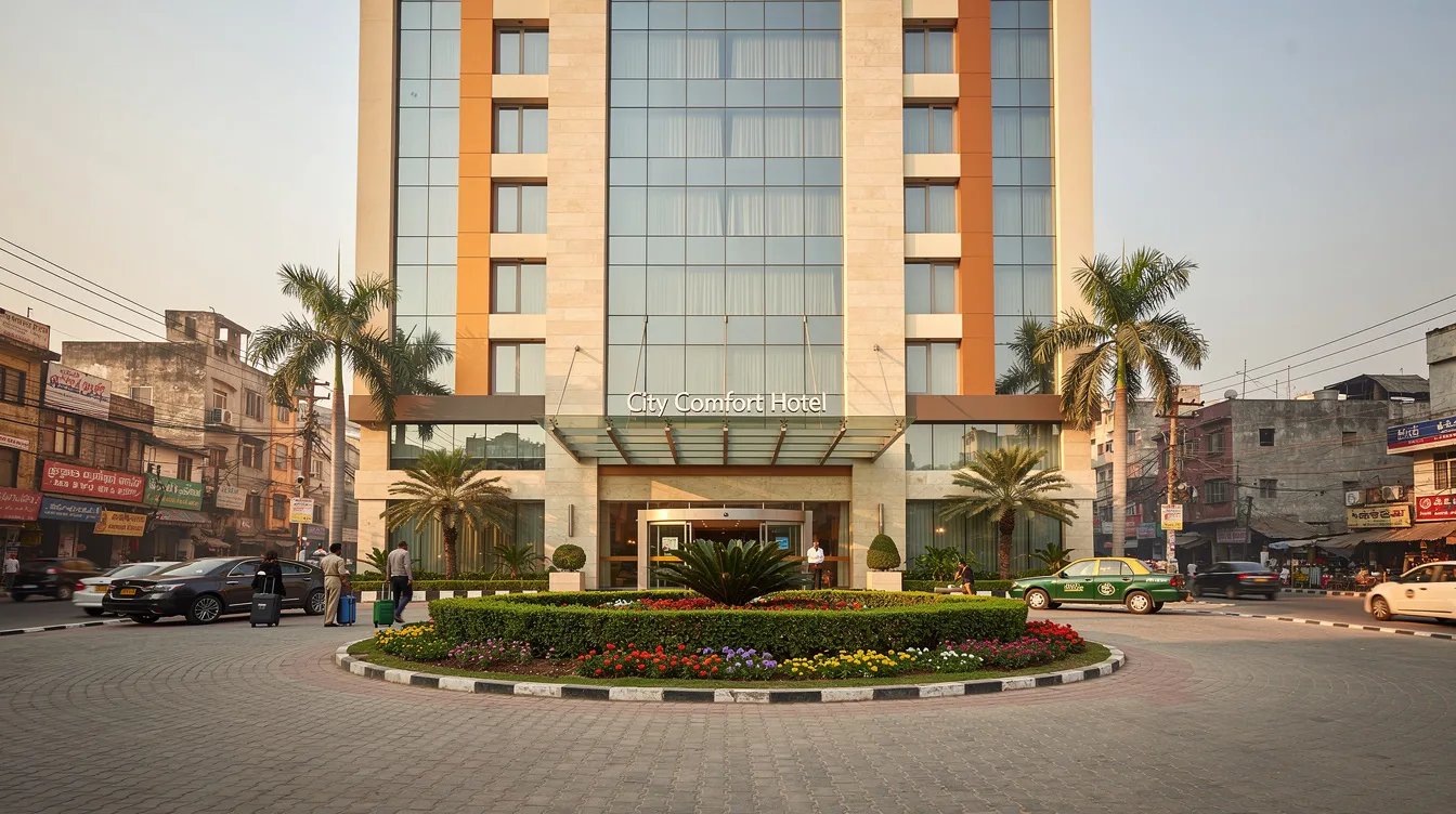3fa808ec 1063 4d45 a5df edffe6246053 The image depicts a modern mid-scale hotel building with a sleek exterior, surrounded by a beautifully landscaped entrance, situated in an urban Indian city. This setting reflects the growing hospitality industry, showcasing the architectural design and potential hotel development costs associated with constructing a 3-star hotel.