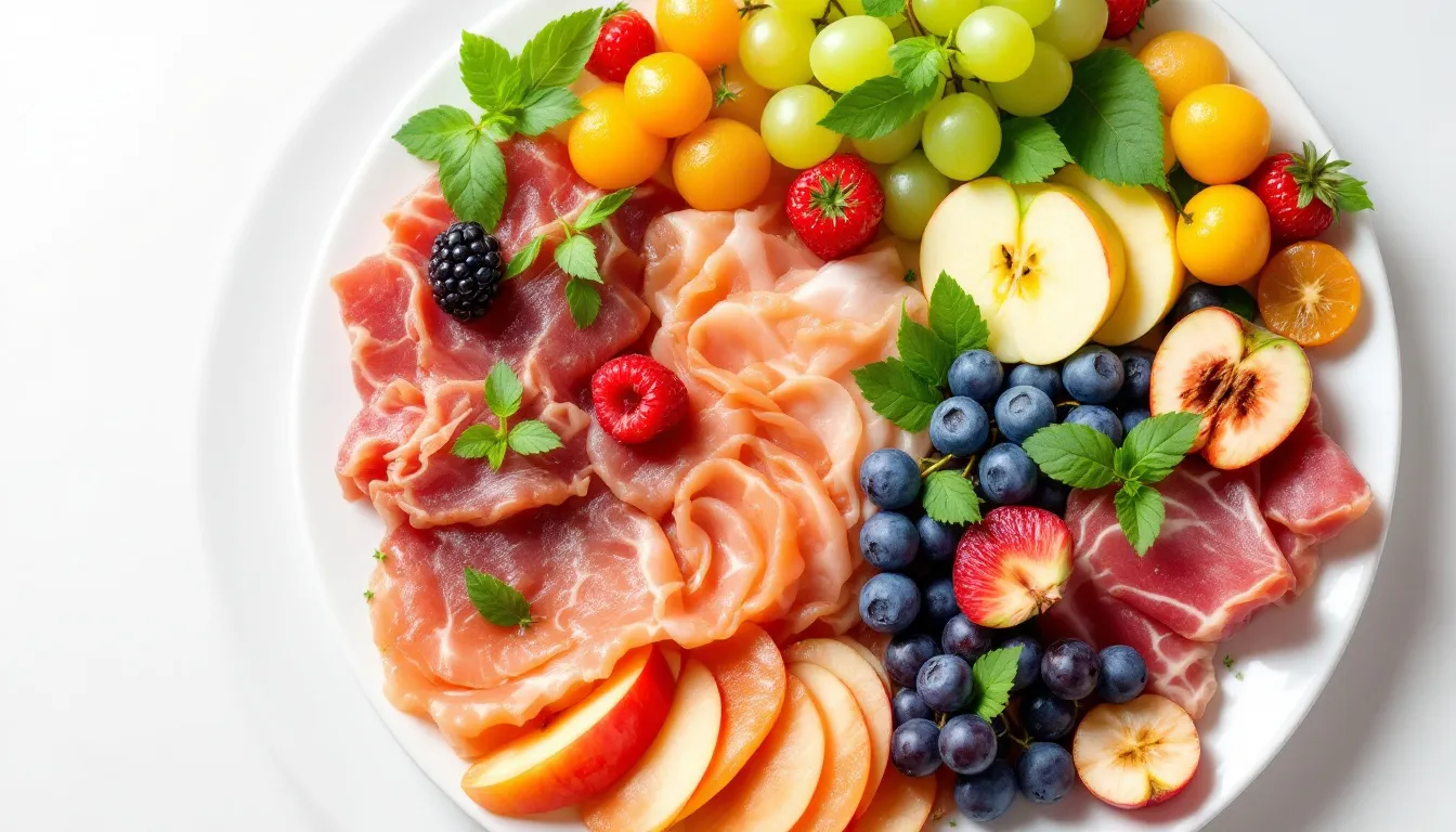 A colorful plate filled with different meats and fruits suitable for the meat and fruit diet.