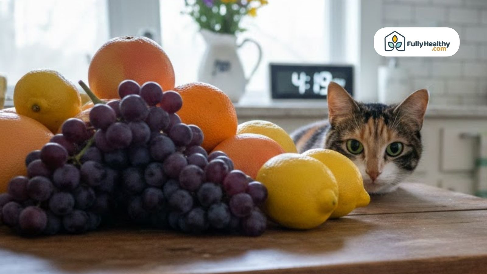 A calico cat peers over a wooden table crowded with grapes, lemons, and oranges.