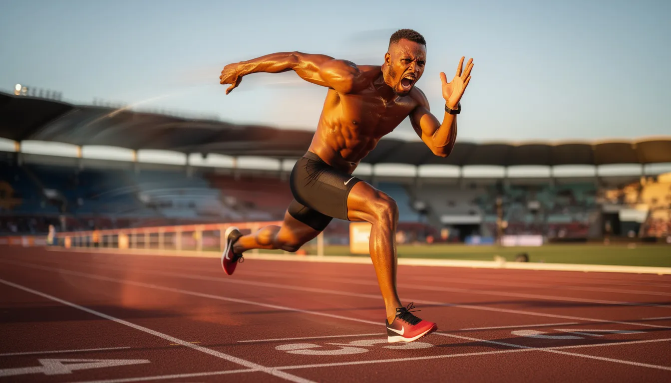 An athlete is captured in motion, sprinting on a track with intense focus and determination, showcasing the effects of high-intensity exercise. This image emphasizes athletic performance and the drive to increase muscle mass, often enhanced through creatine supplementation.