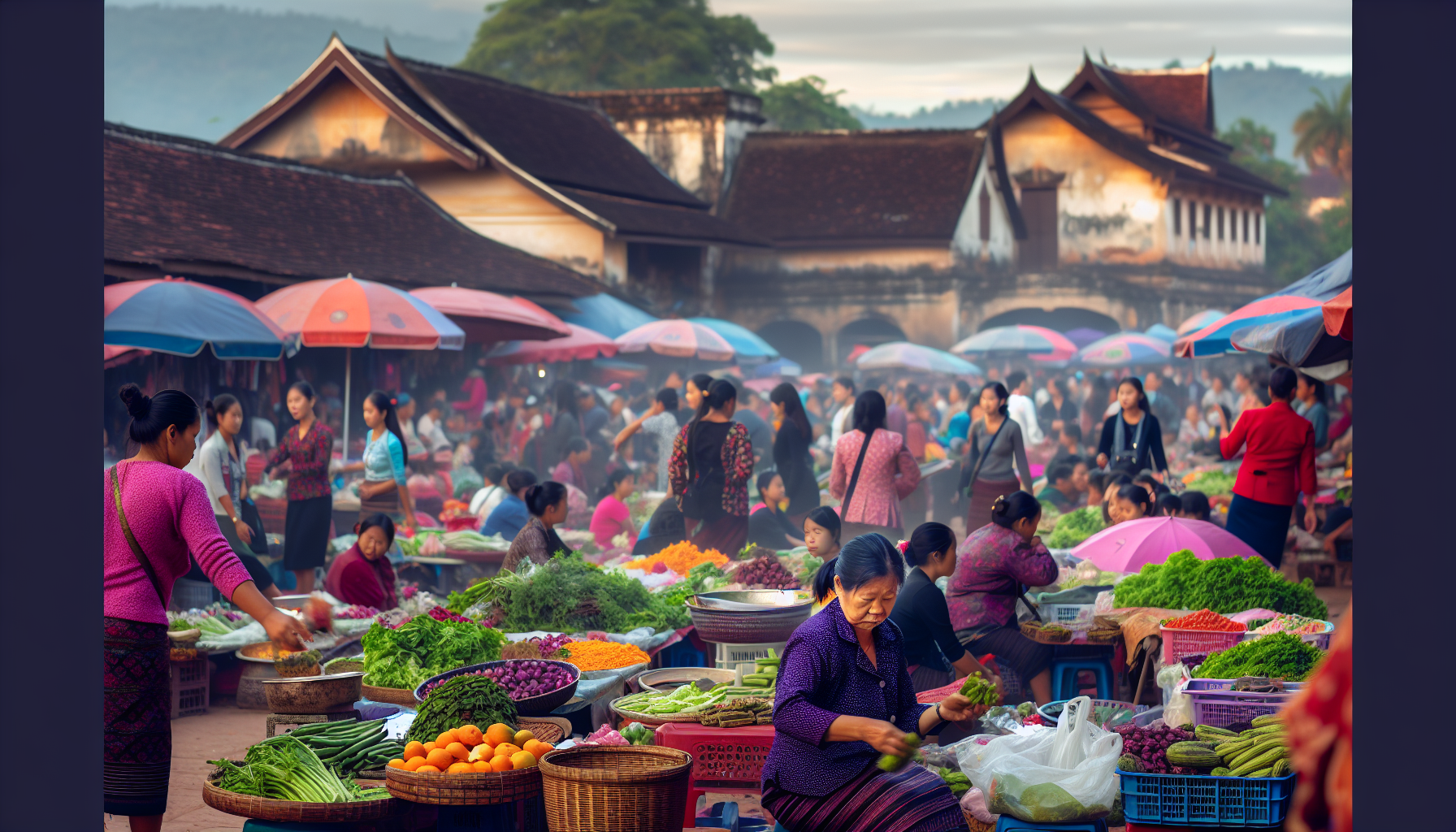 Colorful display of handicrafts at the bustling morning market in Luang Prabang
