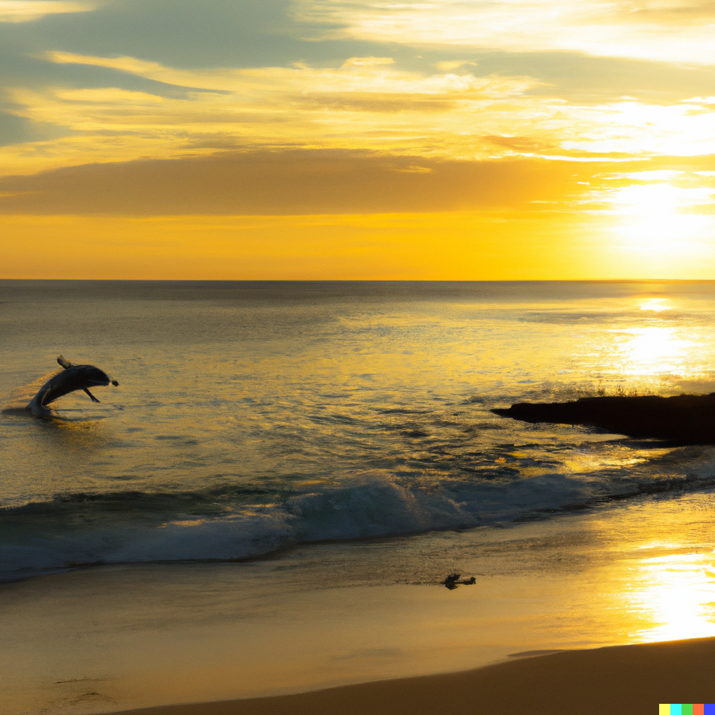 a serene beach at sunset with a playful dolphin leaping over the waves, golden sunset and a calm beach
