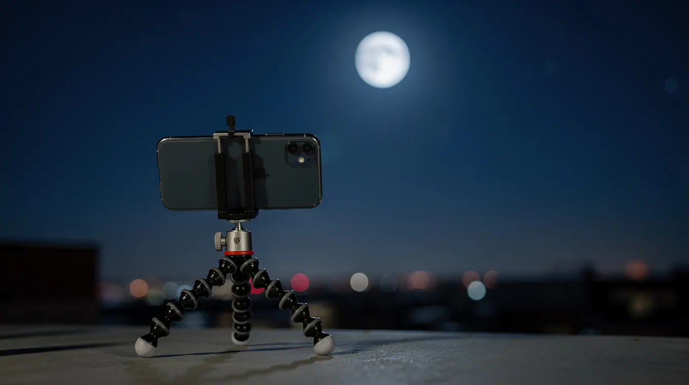 Ein Smartphone auf einem kleinen, flexiblen Stativ ist bei Nacht ausgerichtet auf den Mond, der am klaren Himmel leuchtet. Die Mondoberfläche ist deutlich sichtbar, während die Kameraeinstellungen für eine optimale Mondfotografie angepasst sind.