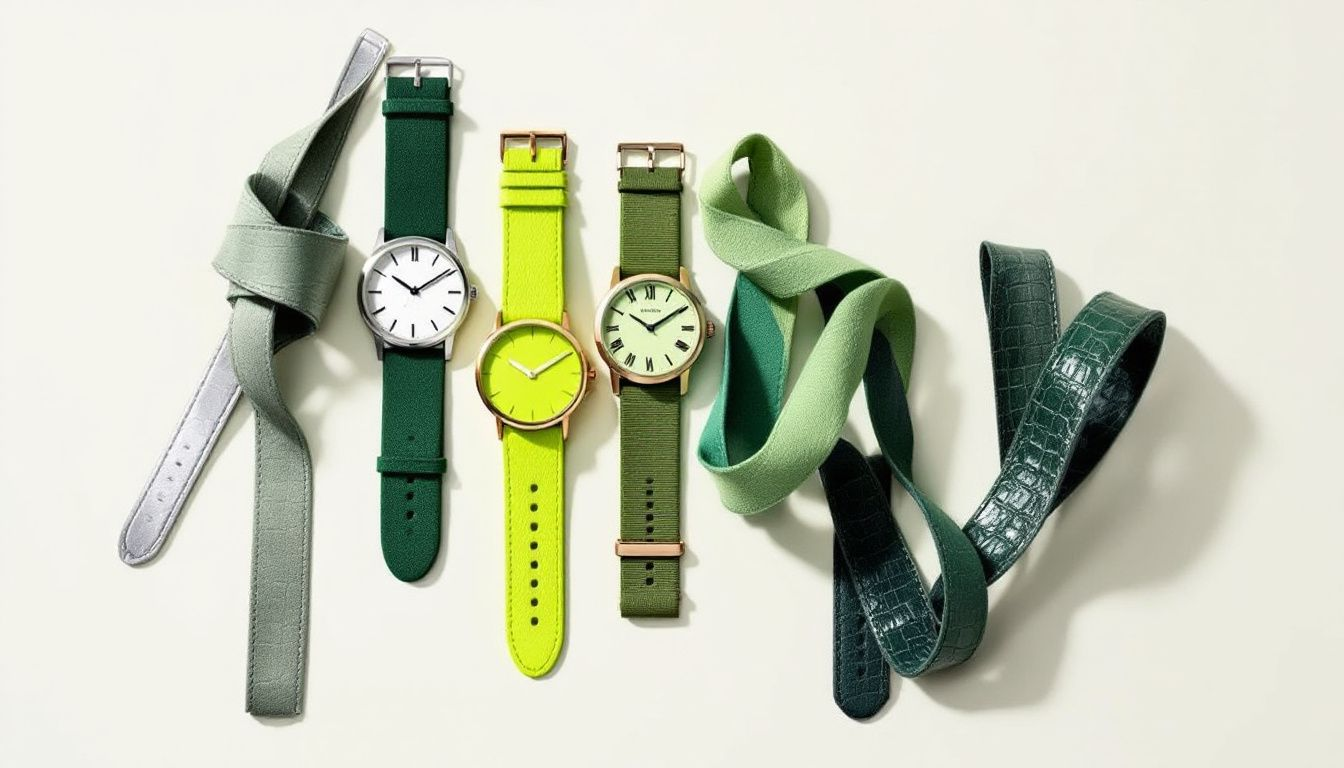 An aesthetic display of various green watch straps.