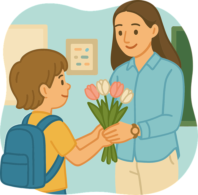 ai generated, teacher appreciation, child with bouquet, school gratitude, student giving flowers, classroom scene, cute teacher gift, thank you teacher, tulip bouquet, happy teacher's day, school celebration, teacher love, flat cartoon people, parent and teacher relationship