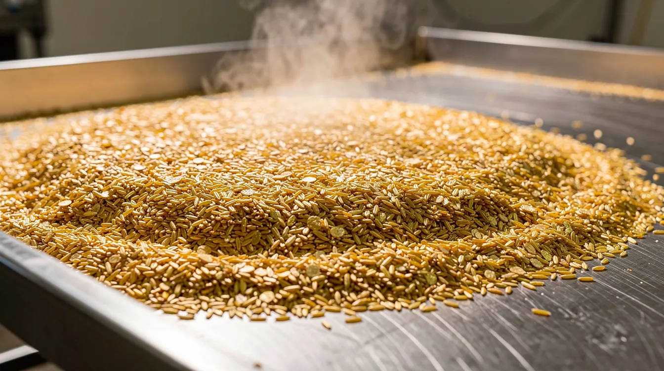 The image shows a large industrial cooling tray filled with golden flattened rice flakes, also known as poha, which are part of the poha manufacturing process. The flakes are evenly spread out to cool, showcasing their texture and quality as they prepare for packaging in the poha production plant.