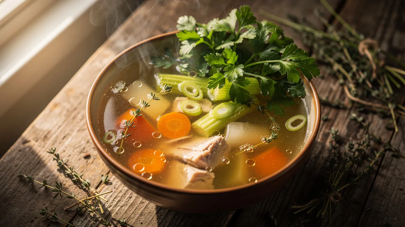 A warm bowl of bone broth is filled with colorful vegetables and fresh herbs, offering a nutritious blend that supports joint health and skin elasticity. This collagen-rich dish is part of a healthy diet, promoting collagen production and improving skin texture for healthy aging.