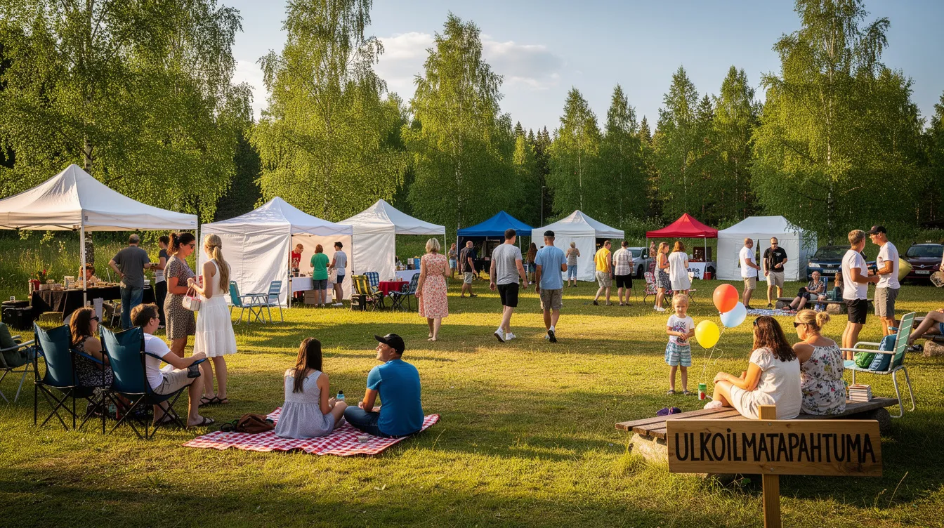 Kuvassa on vilkas ulkoilmatapahtuma-alue, jossa on useita telttoja ja ihmisiä nauttimassa auringosta kesäpäivänä. Alueella on myös siirrettävät wc:t, jotka tarjoavat mukavuutta tapahtuman aikana.