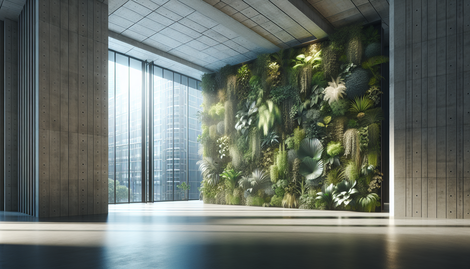 Artistic representation of a living wall in an urban interior setting