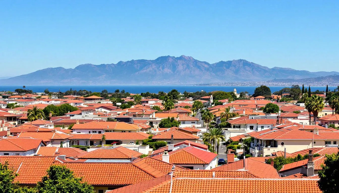 A panoramic view showcases the charming red-tiled rooftops of Santa Barbara, California, stretching towards the Santa Ynez Mountains with the Pacific Ocean visible in the background. This picturesque landscape highlights the appealing location for prospective properties and homes for sale in Santa Barbara.