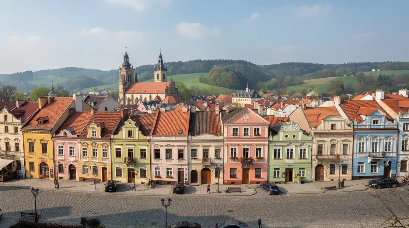 A panoramic view of a charming small Polish city showcases colorful historic buildings nestled among green hills, reflecting the beauty of rural areas in eastern Poland. This picturesque scene highlights the affordability and quality of life in towns located within the Silesian and Warmian-Masurian Voivodeships.