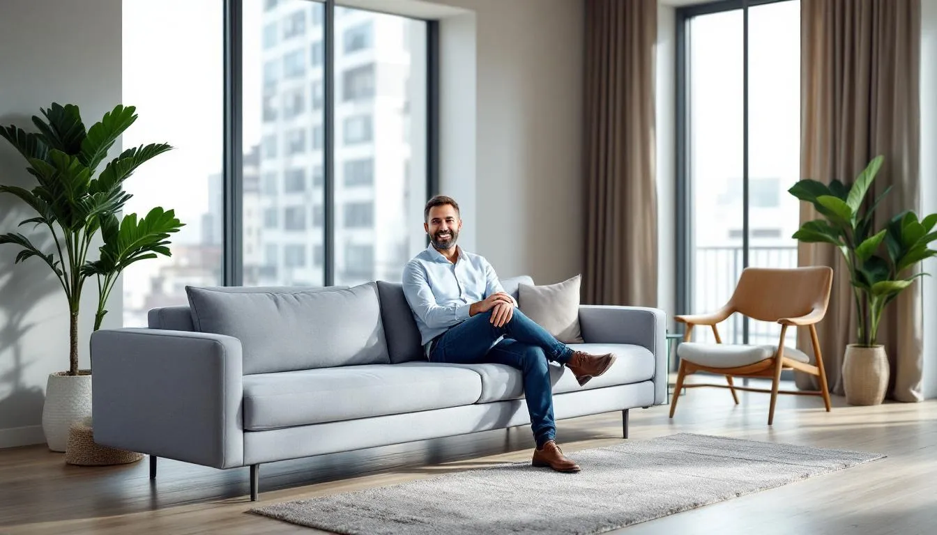 A satisfied customer reviewing a sofa cleaning service in Abu Dhabi.