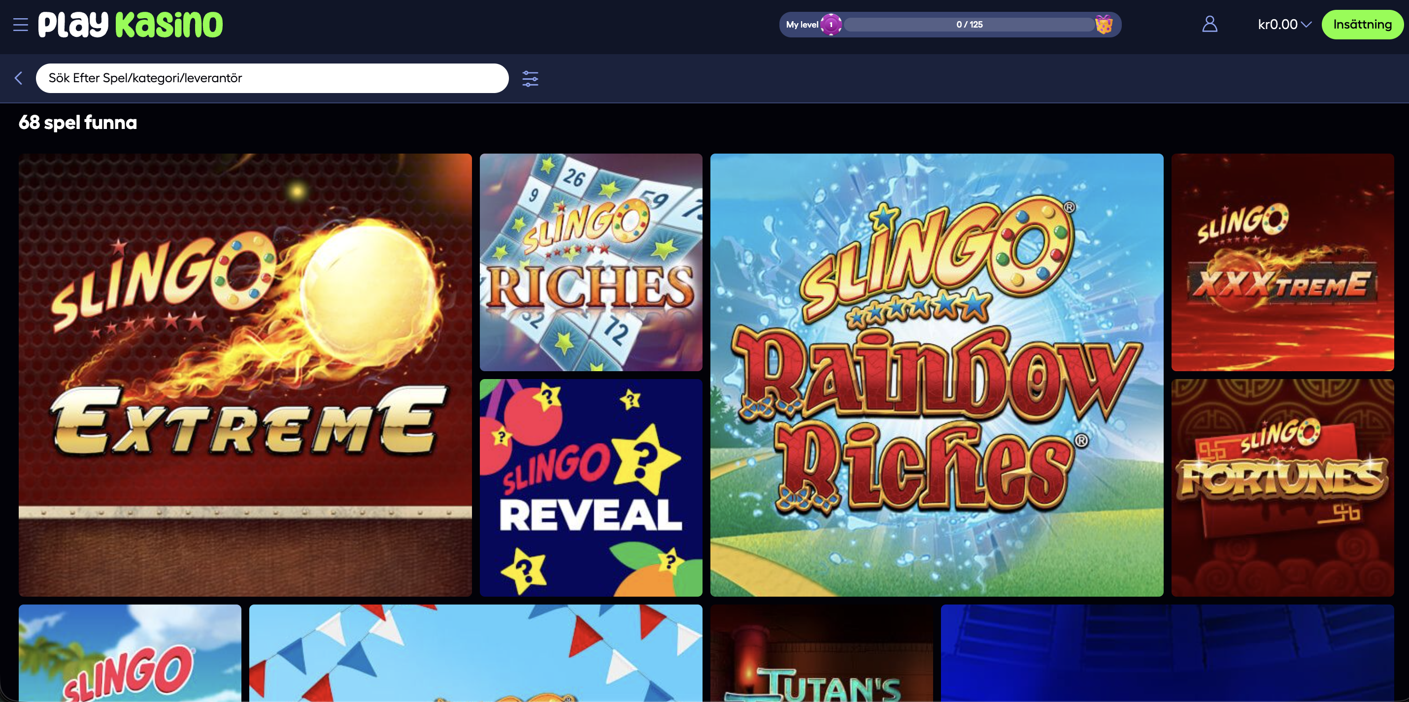 PlayKasino Slingo spel sida med spel som Slingo Rainbow Riches och Slingo Extreme – PlayKasino recension