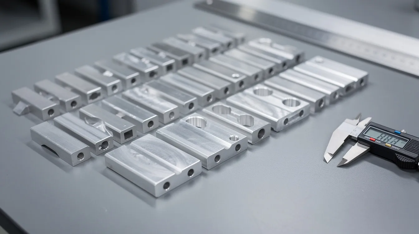 An array of finished precision-machined aluminum parts with a silver anodized surface is neatly arranged on a quality inspection table, showcasing the accuracy and quality of CNC manufacturing processes in the production of complex shapes. The parts reflect the advanced technology and precision typically associated with CNC mills and machining operations in the manufacturing industry.