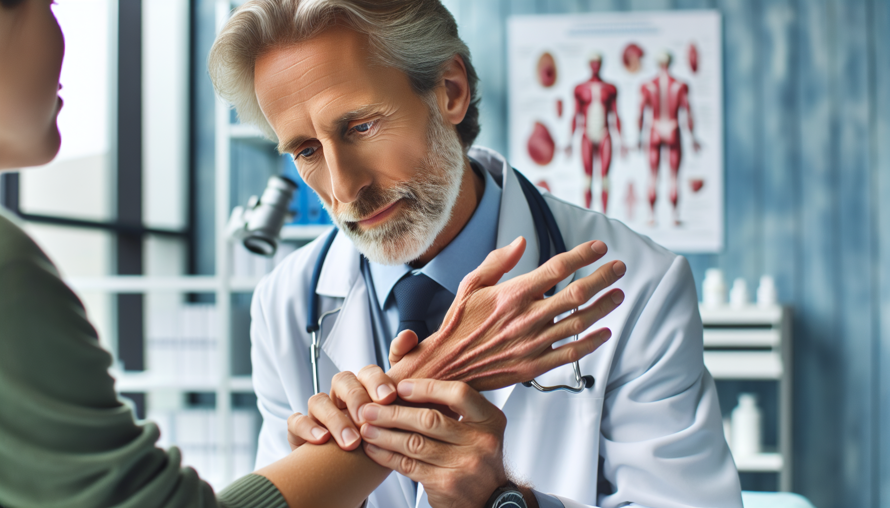 Illustration of a rheumatologist conducting a physical examination for diagnosing RA