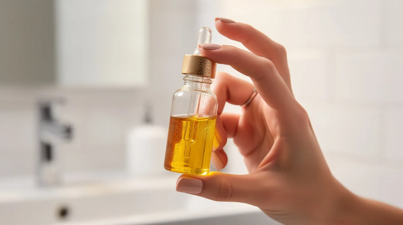 A close-up image shows a woman's hand holding a small glass dropper bottle of golden retinol serum, set against a clean bathroom background. This serum is designed to improve skin texture and tone, making it suitable for a skincare routine aimed at addressing issues like fine lines, uneven skin tone, and acne scars.