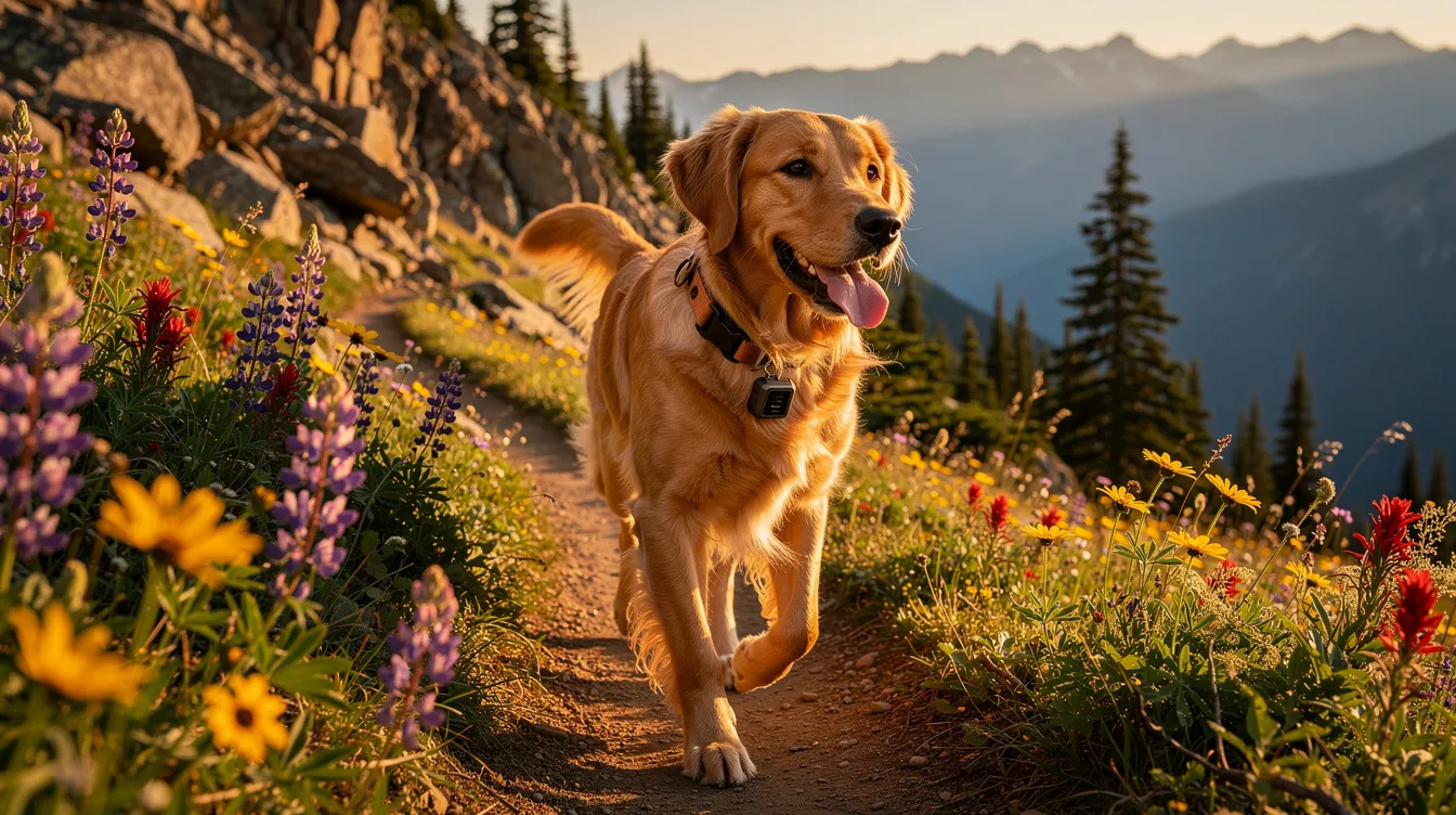A golden retriever is happily hiking along a mountain trail adorned with vibrant wildflowers, wearing a collar equipped with a small GPS tracker for reliable location tracking. This pet tracker provides peace of mind for dog owners, ensuring they can keep track of their pet's whereabouts during outdoor adventures.