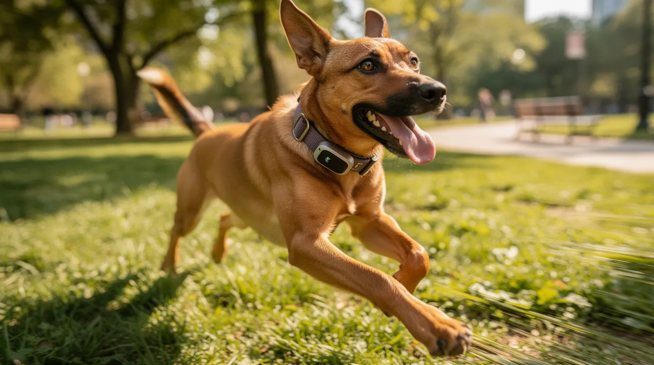 A playful dog is running in a park while wearing a small, discreet GPS tracker around its neck, allowing for real-time tracking of its location. This portable GPS device ensures the dog's safety and provides valuable location data for pet owners.