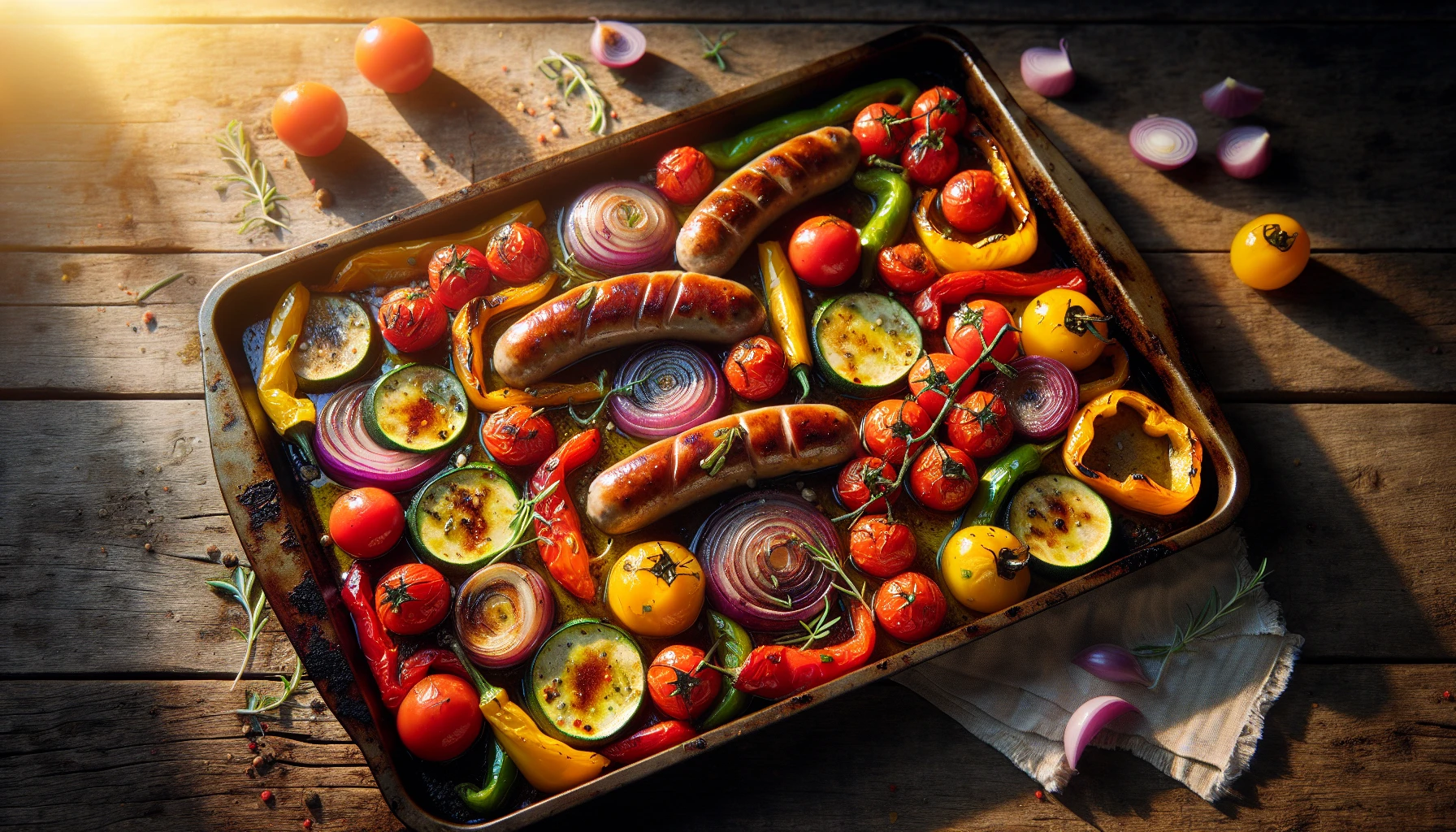 Roasted sausage and veggie dinner on a sheet pan