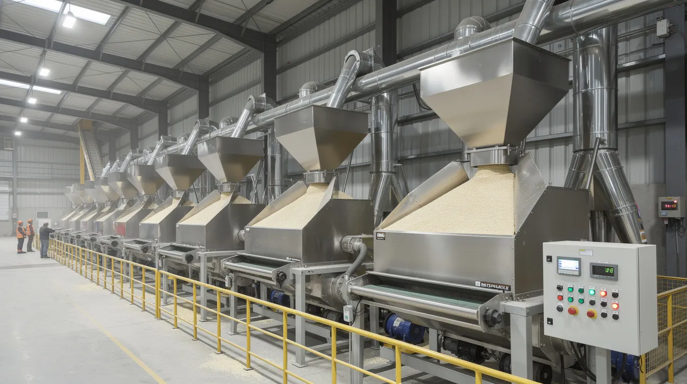 3fcef826 70fc 4e13 ae71 fe7a74aef6a9 The image shows a large industrial rice milling machinery setup within a processing facility, featuring conveyors and hoppers designed for the efficient processing of parboiled rice. This modern rice mill reflects the advancements in the rice mill project sector, highlighting the manufacturing process critical to the Indian rice market production.
