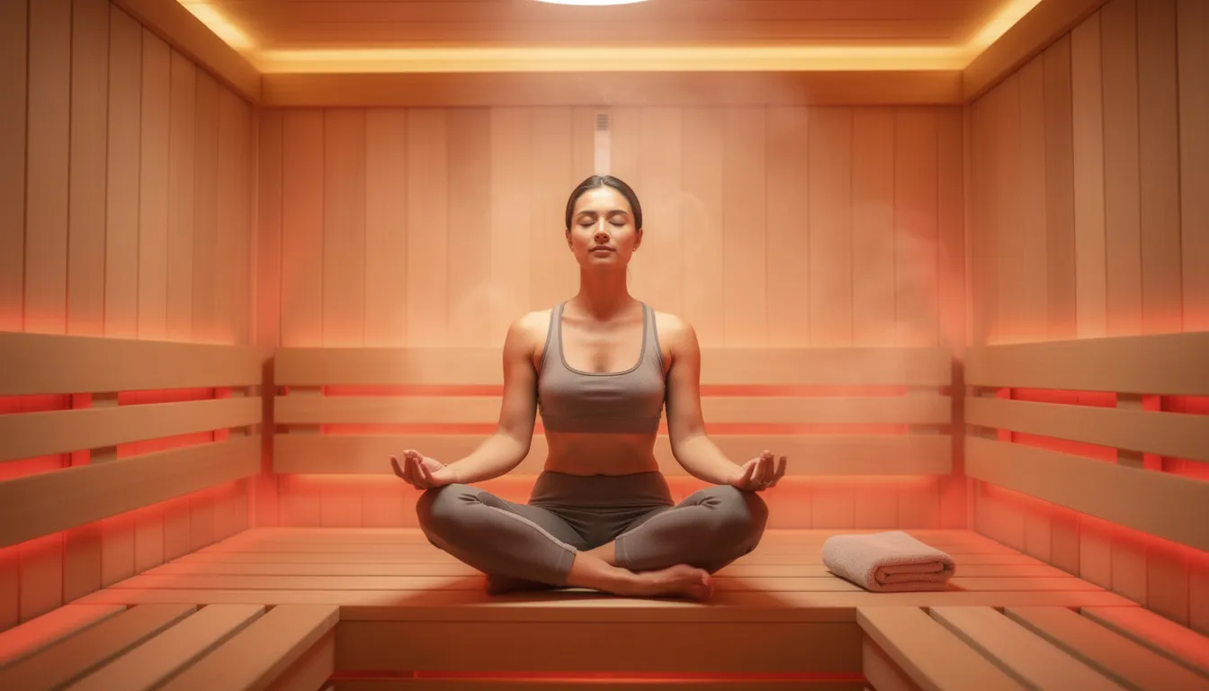 A person is seated cross-legged in a modern infrared sauna, eyes closed in a state of deep relaxation, embodying the fusion of sauna yoga for ultimate recovery. This serene scene highlights the health benefits of practicing yoga in a gentle heat environment, promoting relaxation and enhancing overall well-being.
