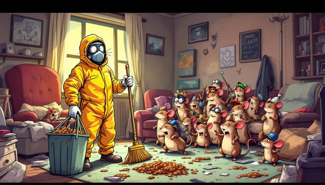 A person preparing for cleaning up rodent droppings while wearing protective gear.