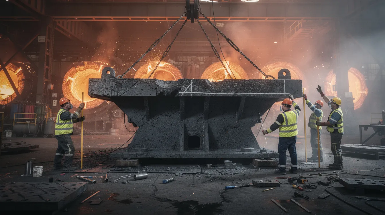 In a bustling foundry, workers in safety gear prepare a heavy cast iron machine base, essential for the manufacturing of CNC machines. The industrial casting environment showcases the intricate manufacturing process involved in creating complex machinery for various industries.